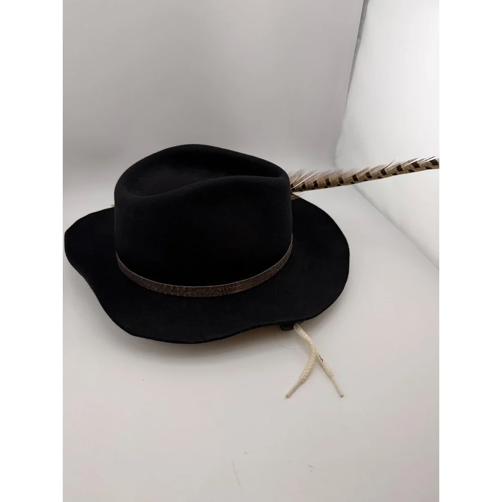 Texas Hat Co Youth Large Black Felt Cowboy Hat with Pheasant Feather USA Made